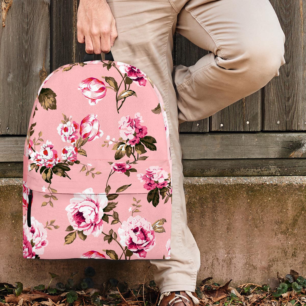 Pink Rose Floral Print Backpack-grizzshop