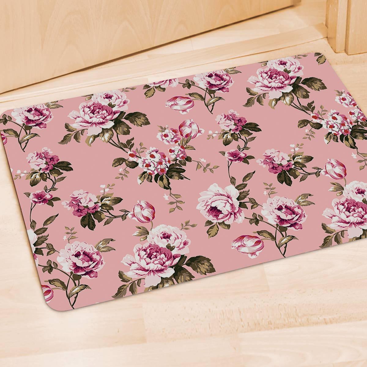 Pink Rose Floral Print Door Mat-grizzshop