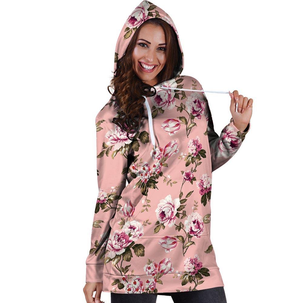 Pink Rose Floral Print Hoodie Dress-grizzshop