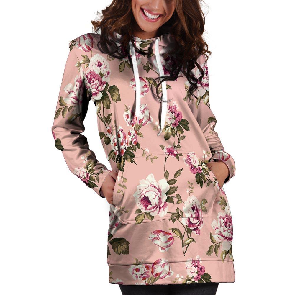 Pink Rose Floral Print Hoodie Dress-grizzshop