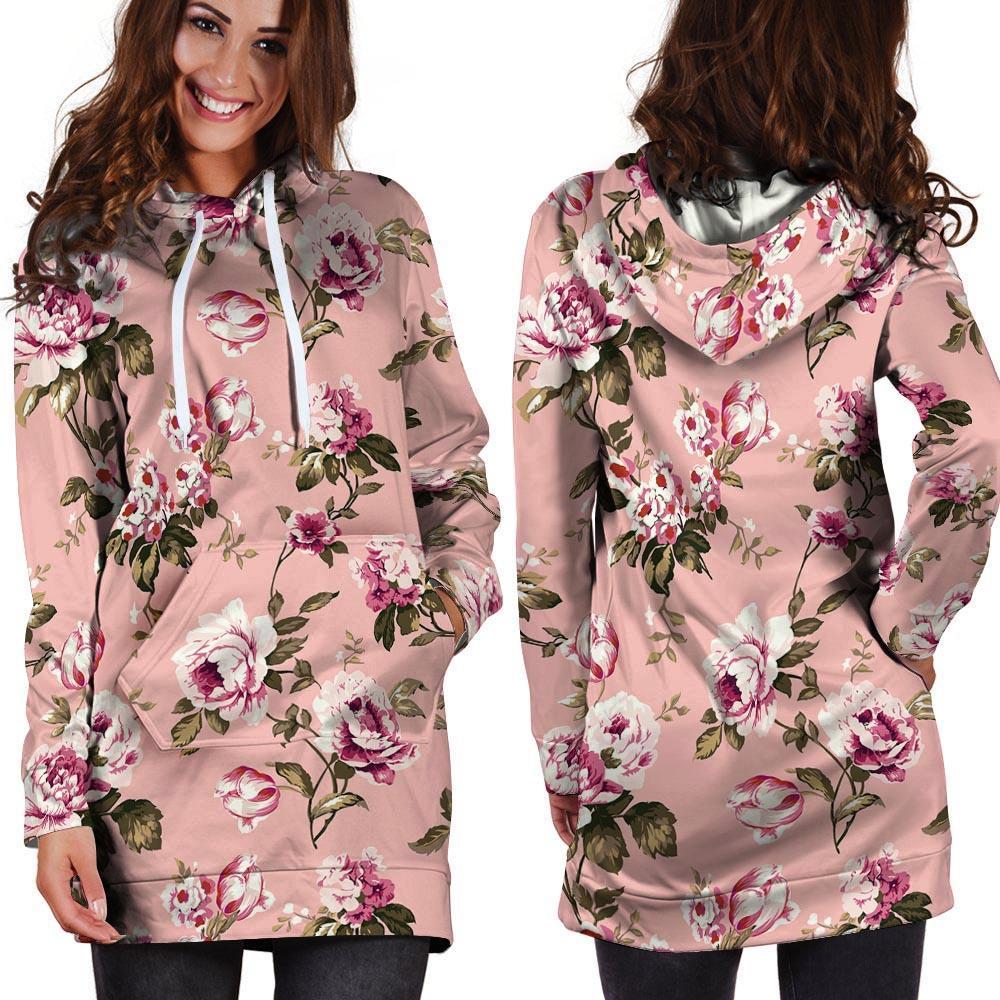 Pink Rose Floral Print Hoodie Dress-grizzshop