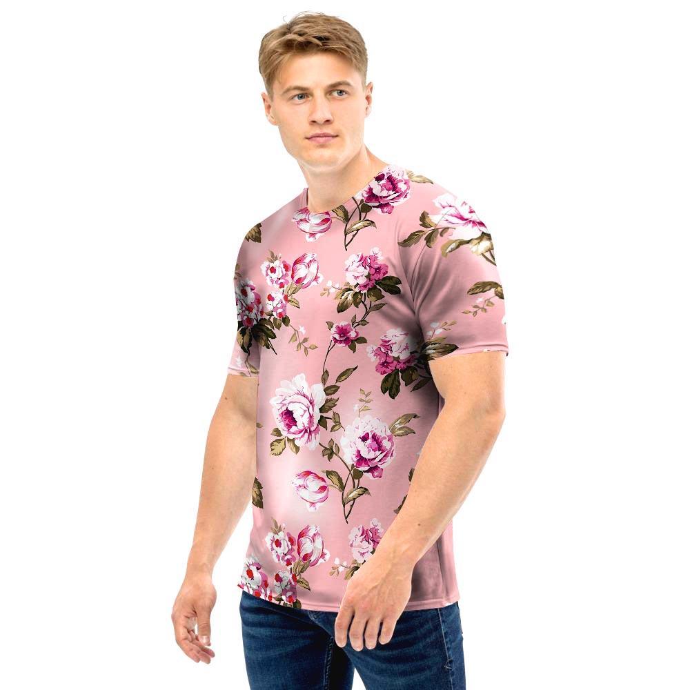 Pink Rose Floral Print Men T Shirt-grizzshop