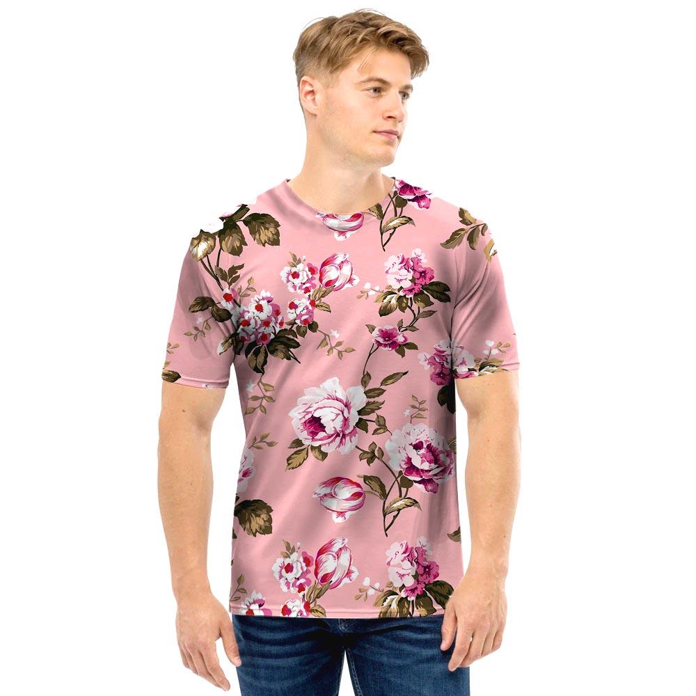 Pink Rose Floral Print Men T Shirt-grizzshop