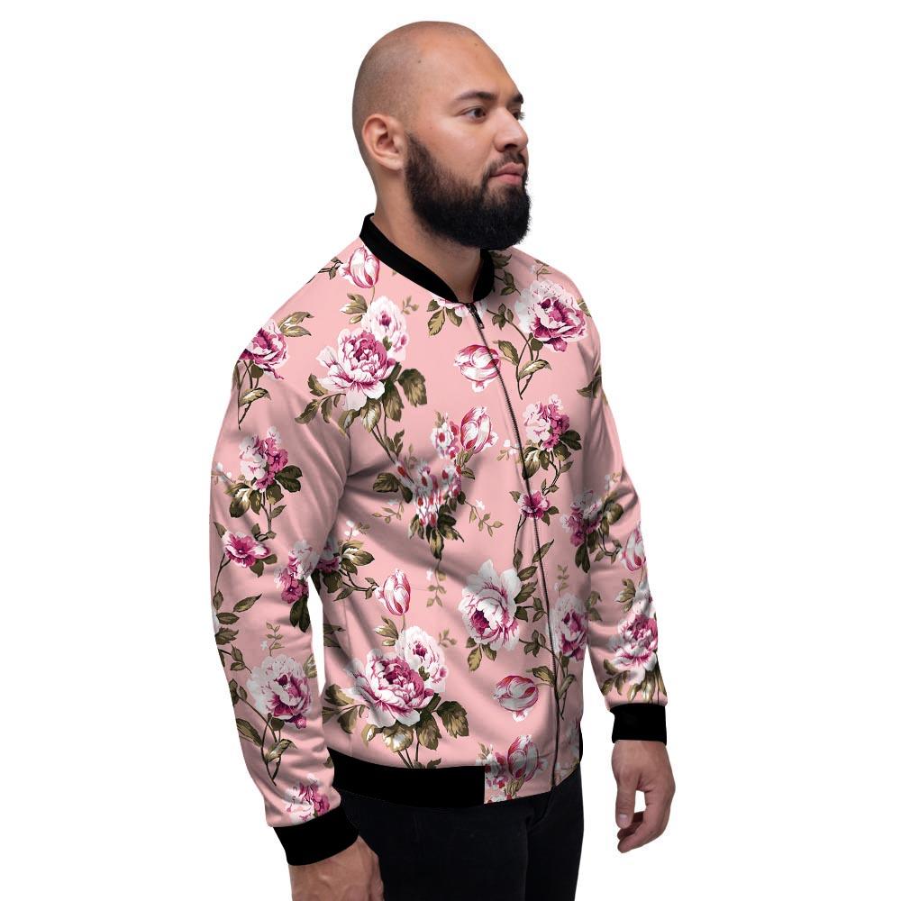 Pink Rose Floral Print Men's Bomber Jacket-grizzshop