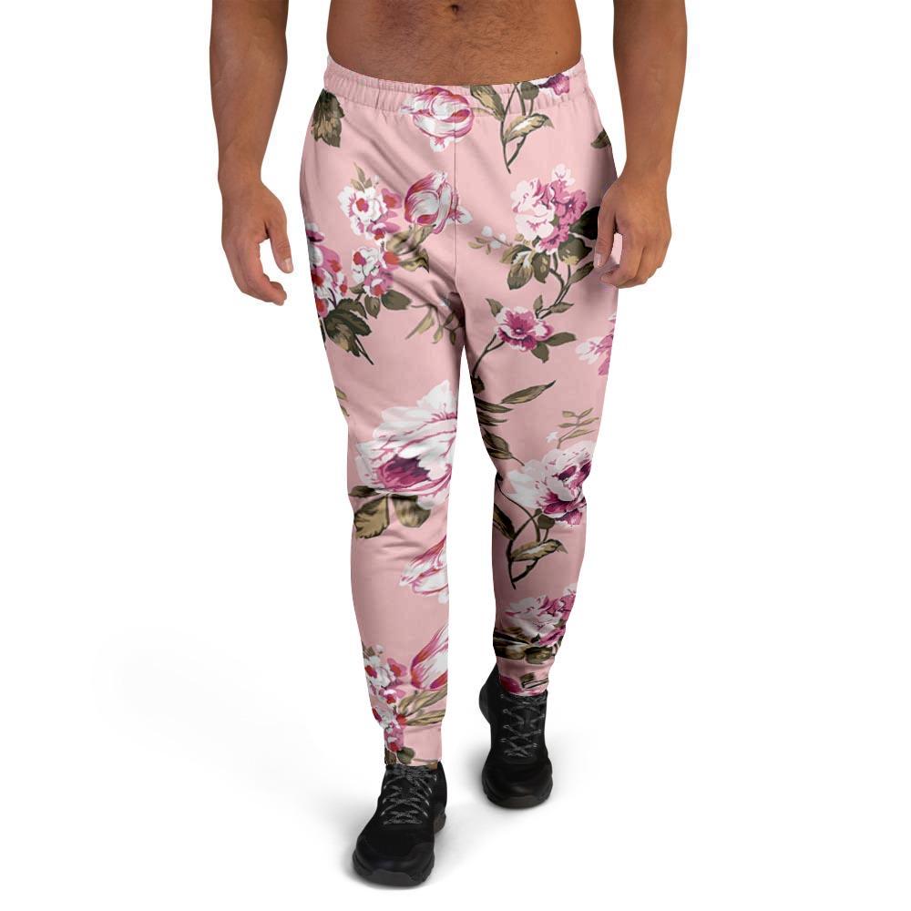 Pink Rose Floral Print Men's Joggers-grizzshop