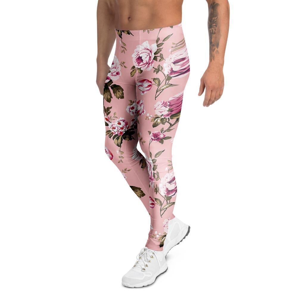 Pink Rose Floral Print Men's Leggings-grizzshop