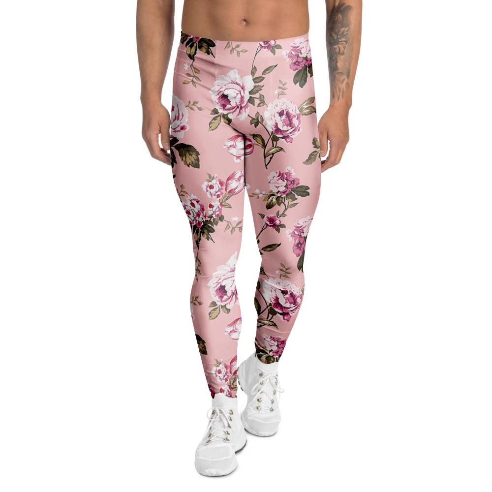 Pink Rose Floral Print Men's Leggings-grizzshop