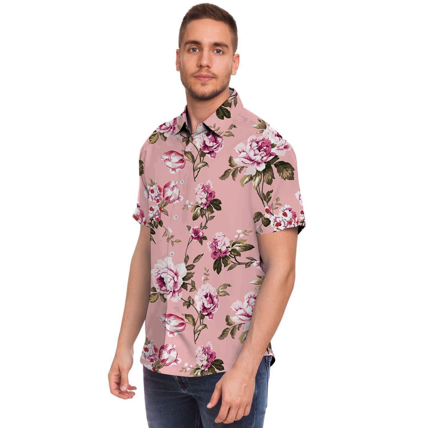 Pink Rose Floral Print Men's Short Sleeve Shirt-grizzshop