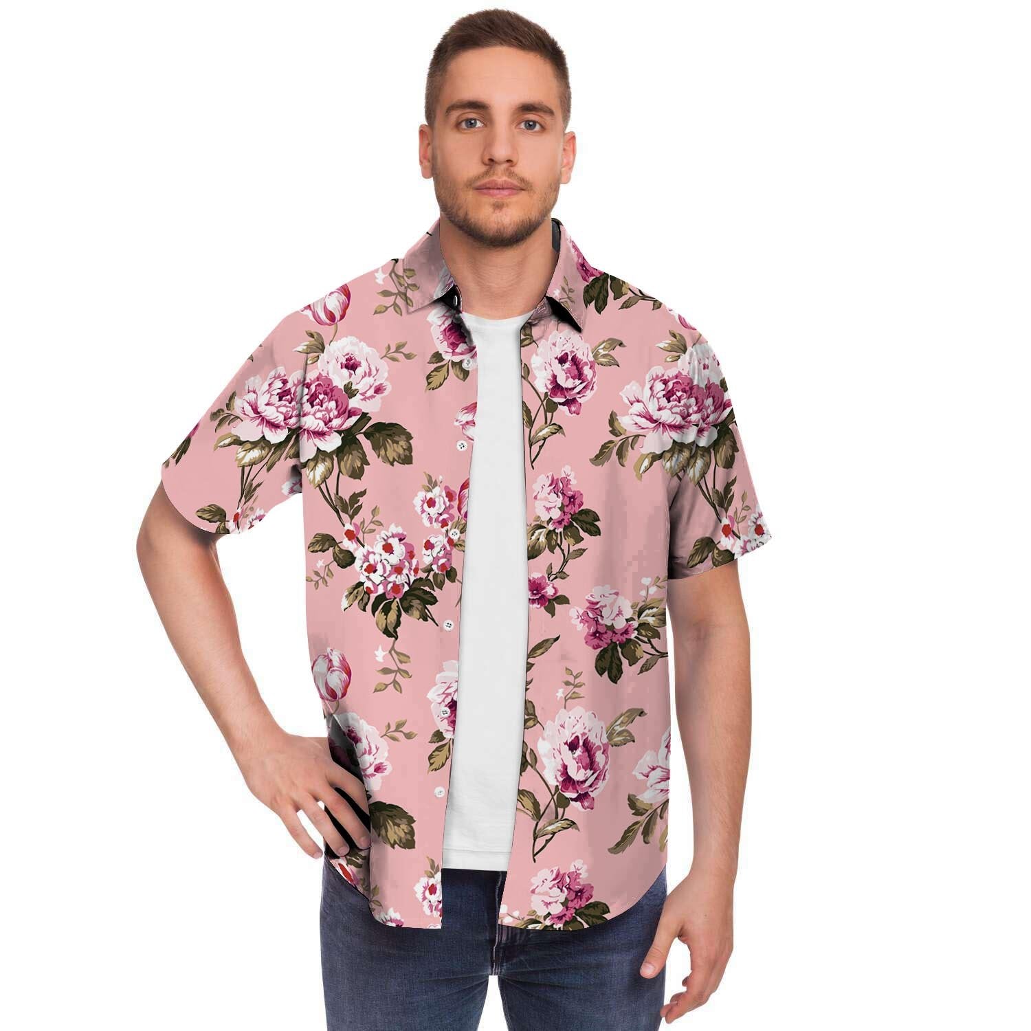 Pink Rose Floral Print Men's Short Sleeve Shirt-grizzshop