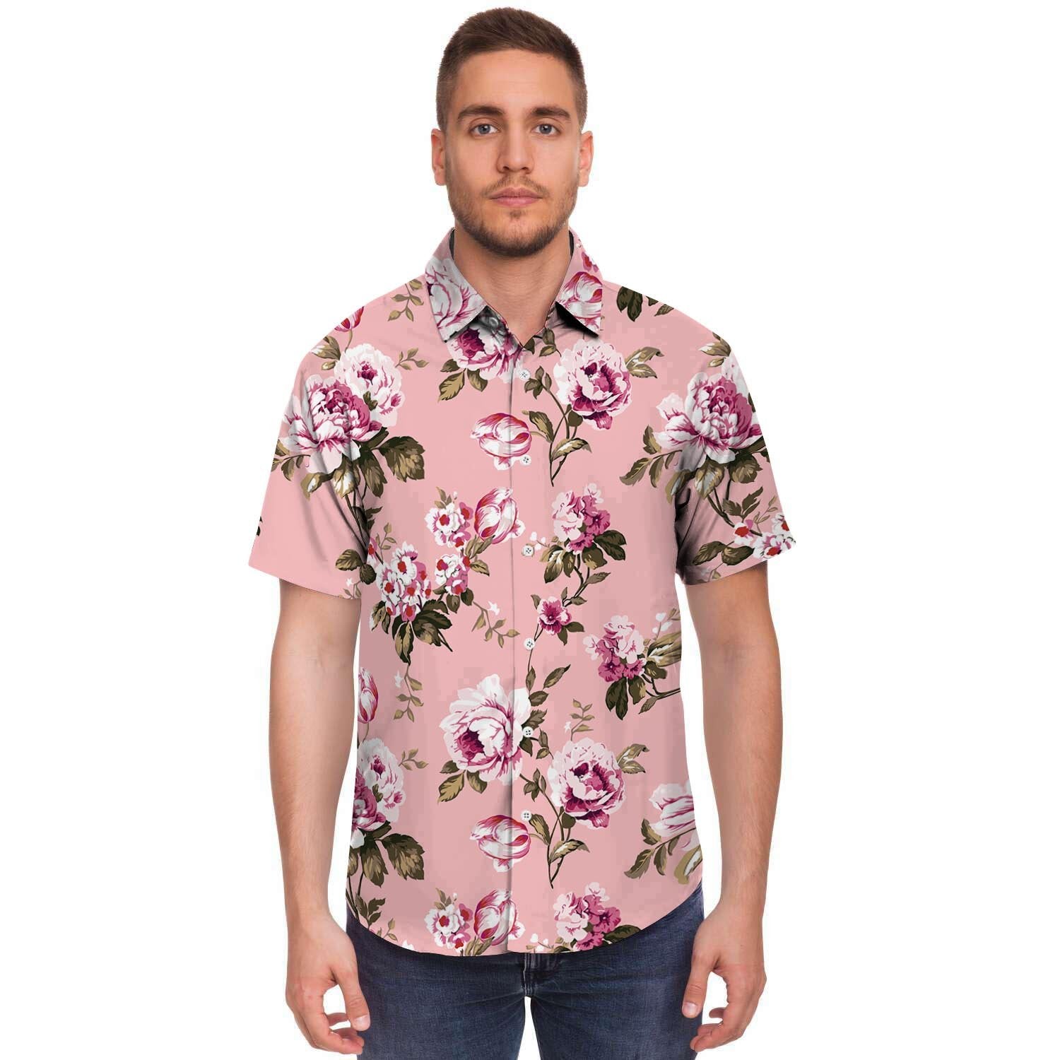 Pink Rose Floral Print Men's Short Sleeve Shirt-grizzshop