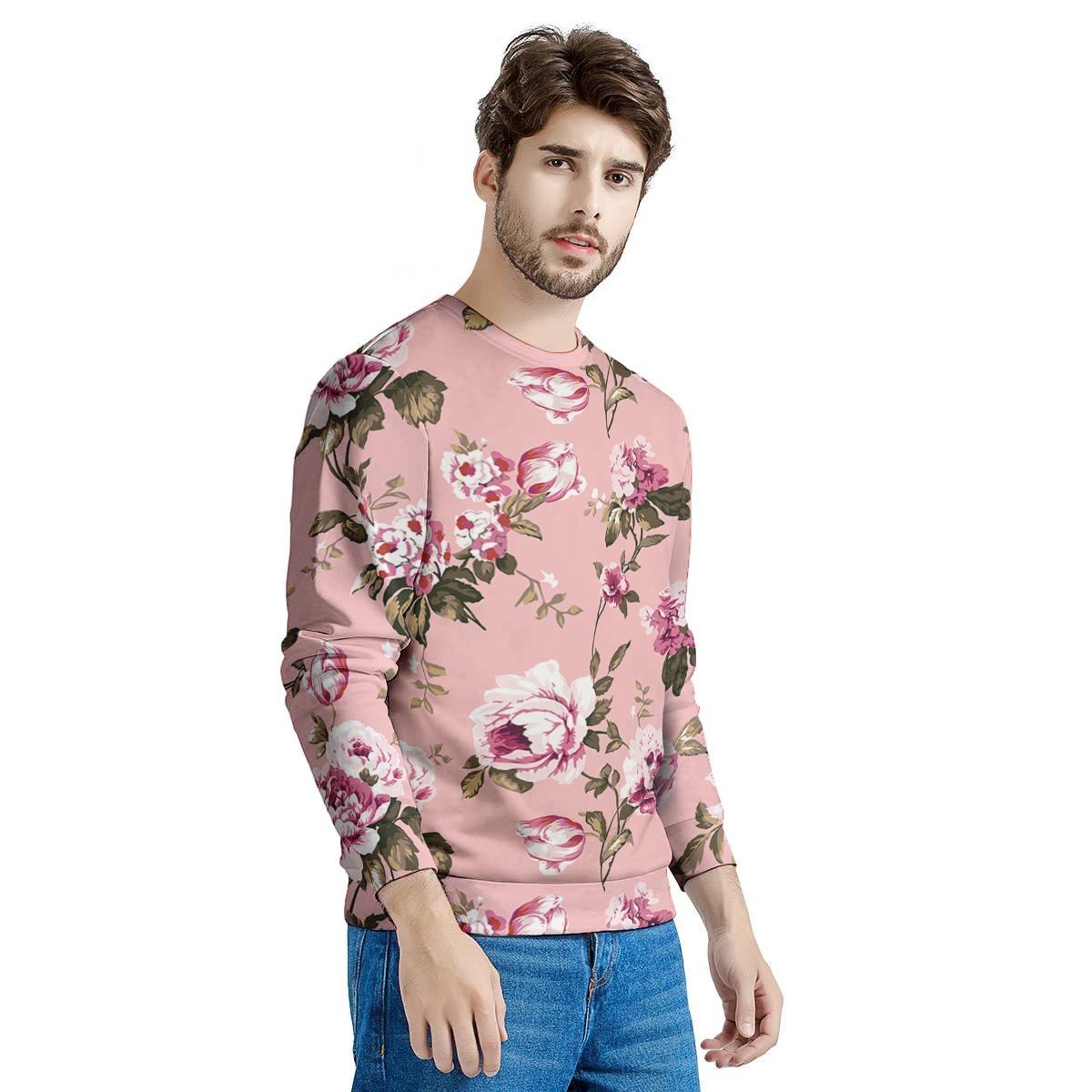 Pink Rose Floral Print Men's Sweatshirt-grizzshop