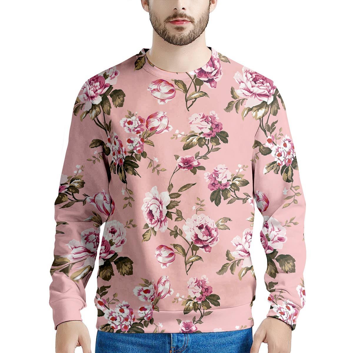 Pink Rose Floral Print Men's Sweatshirt-grizzshop