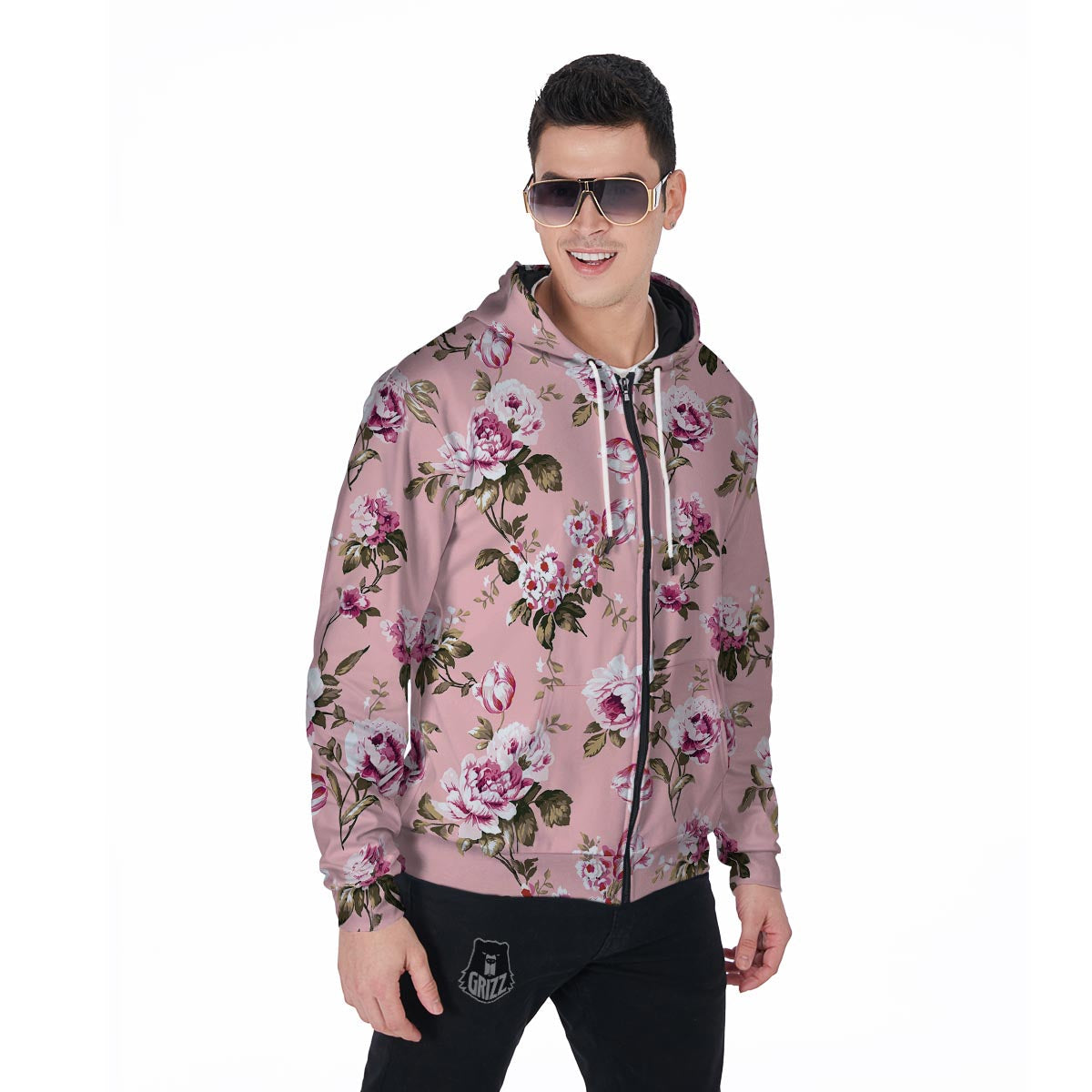Pink Rose Floral Print Men's Zip Up Hoodie-grizzshop