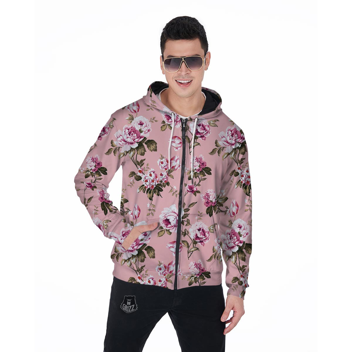 Pink Rose Floral Print Men's Zip Up Hoodie-grizzshop