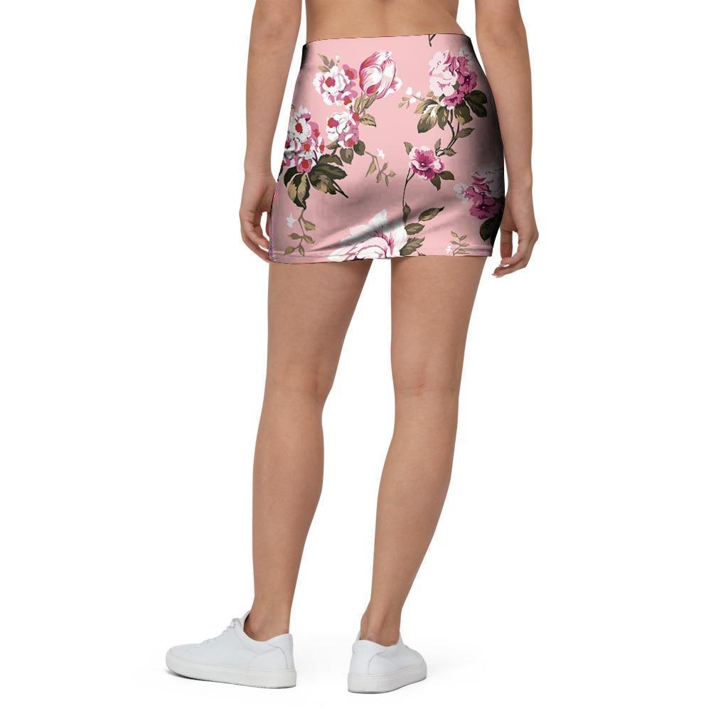 Pink Rose Floral Print Mini Skirt-grizzshop