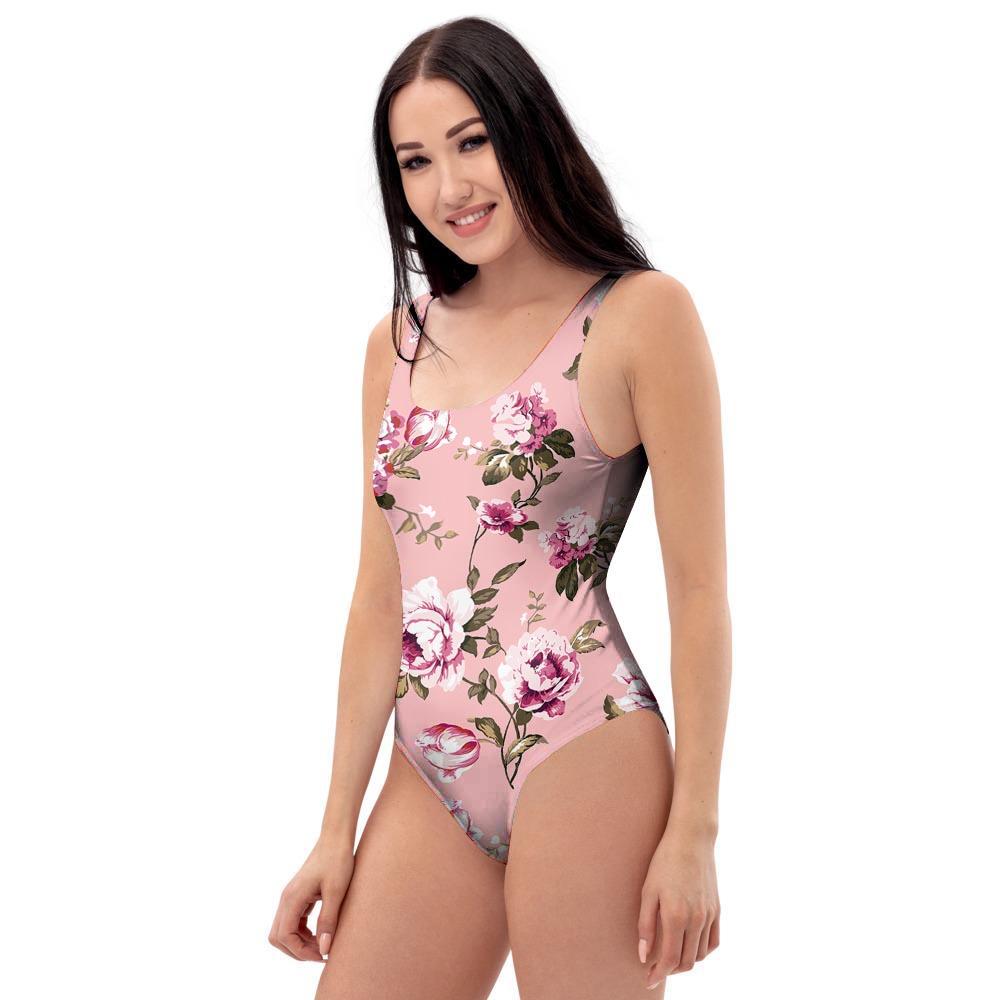 Pink Rose Floral Print One Piece Swimsuite-grizzshop