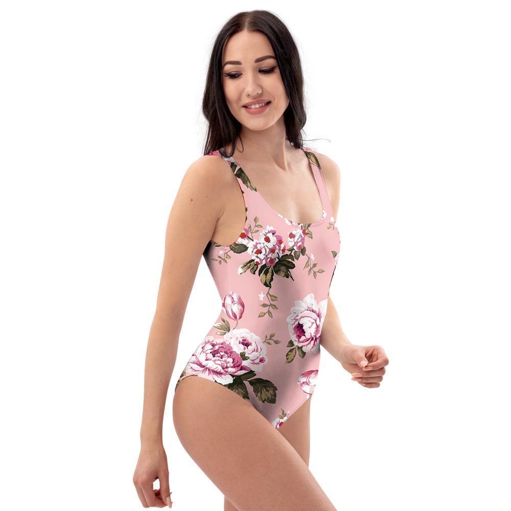 Pink Rose Floral Print One Piece Swimsuite-grizzshop