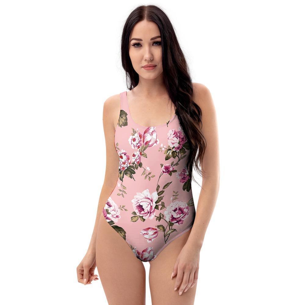 Pink Rose Floral Print One Piece Swimsuite-grizzshop