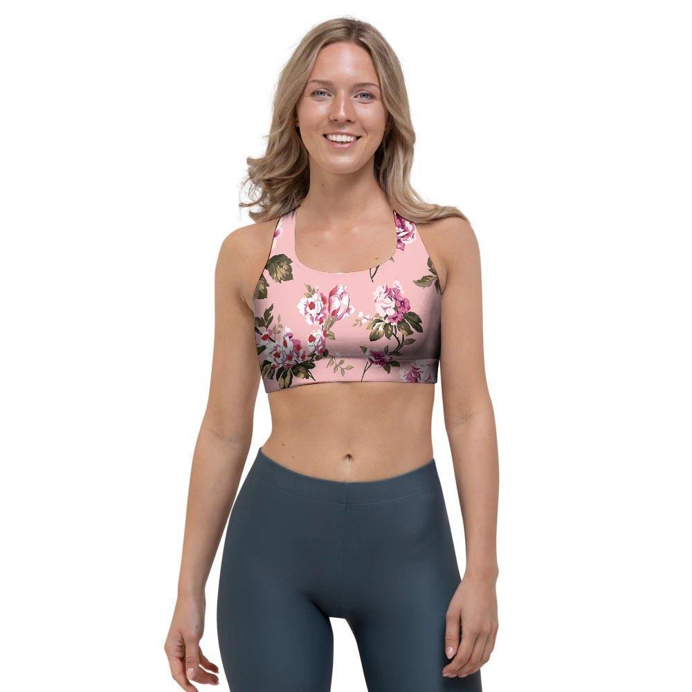 Pink Rose Floral Print Sports Bra-grizzshop