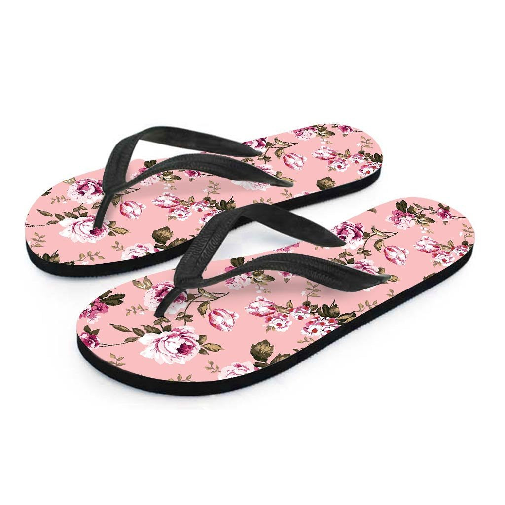 Pink Rose Floral Print Women's Flip Flops-grizzshop