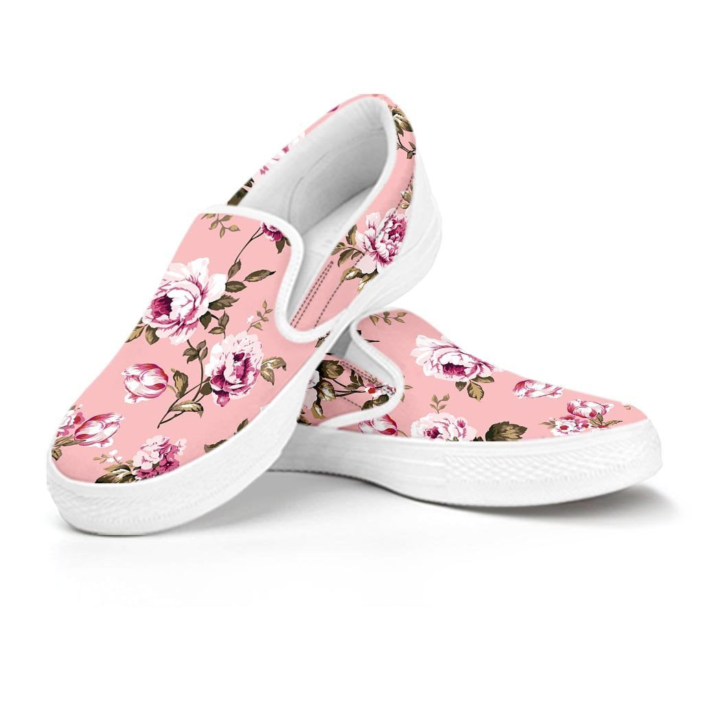 Pink Rose Floral Print Women's Slip On Sneakers-grizzshop