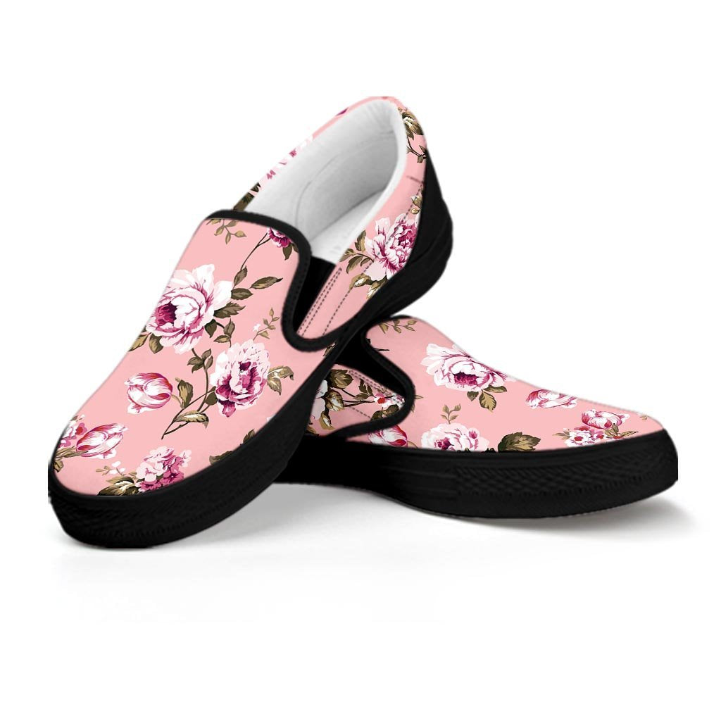 Pink Rose Floral Print Women's Slip On Sneakers-grizzshop