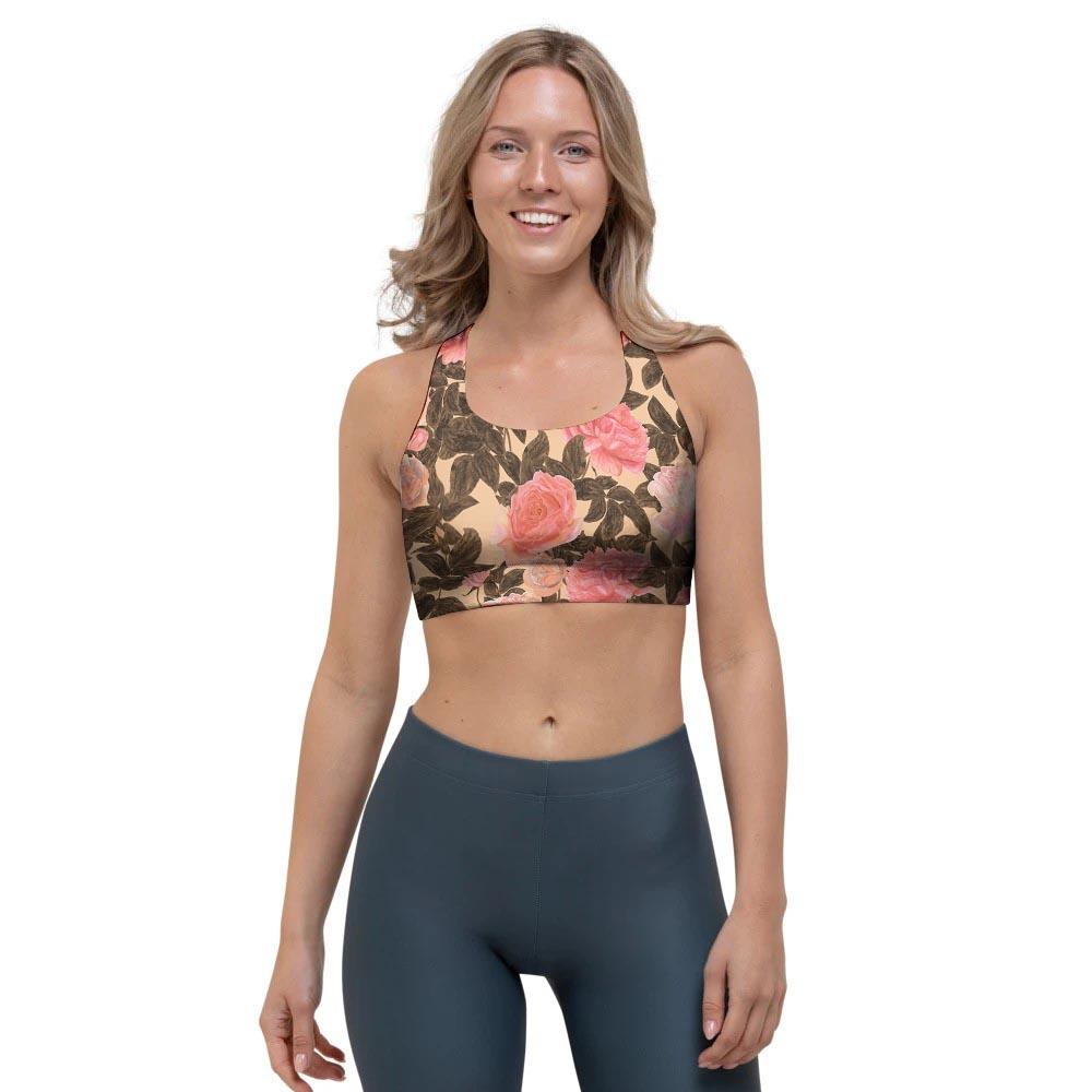 Pink Rose Floral Sports Bra-grizzshop