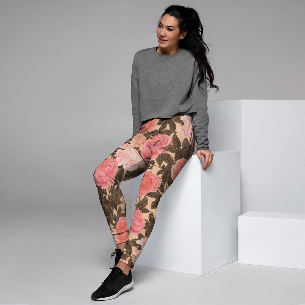 Pink Rose Floral Women's Joggers-grizzshop