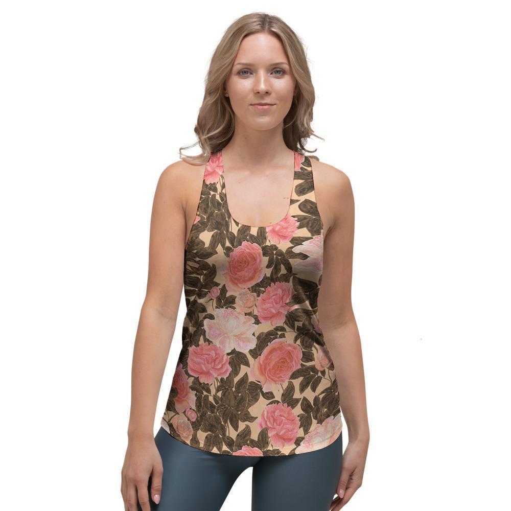 Pink Rose Floral Women's Racerback Tank Top-grizzshop