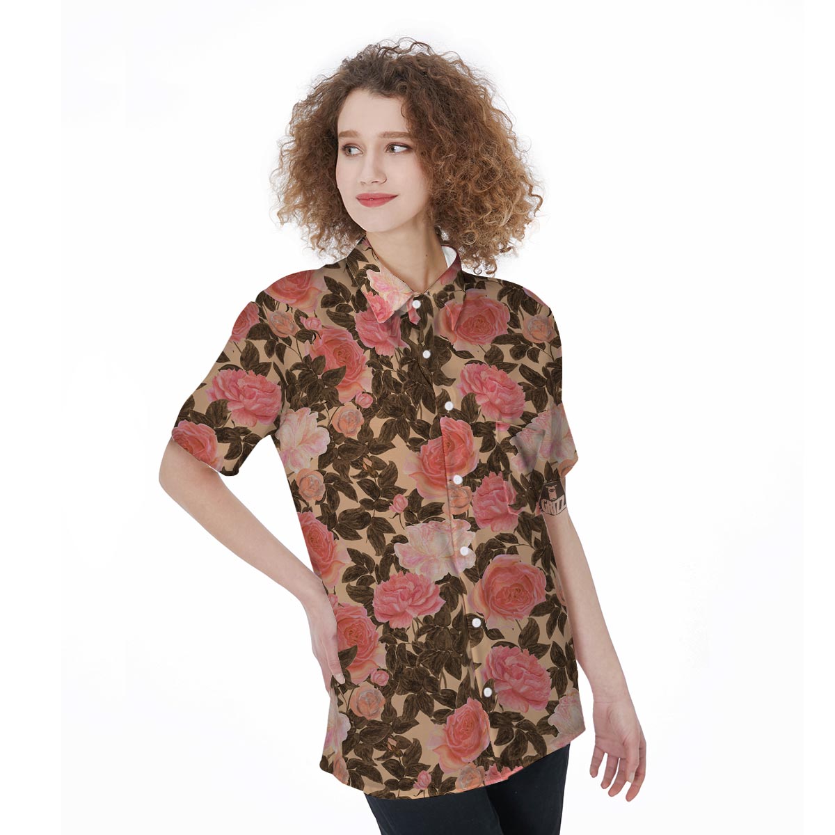 Pink Rose Floral Women's Short Sleeve Shirts-grizzshop