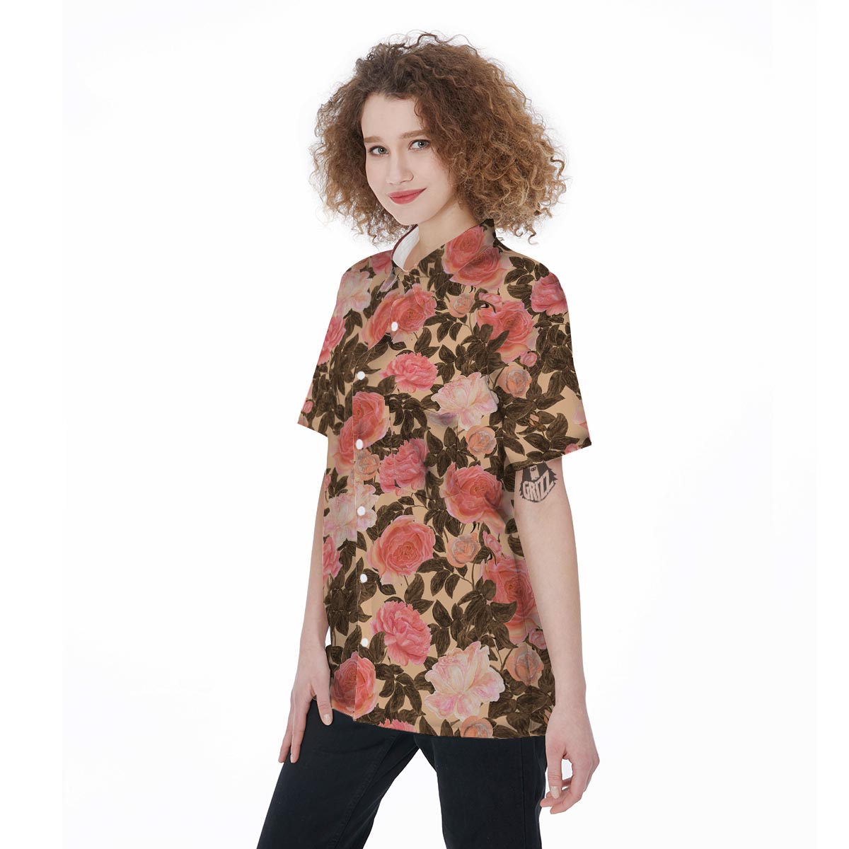 Pink Rose Floral Women's Short Sleeve Shirts-grizzshop
