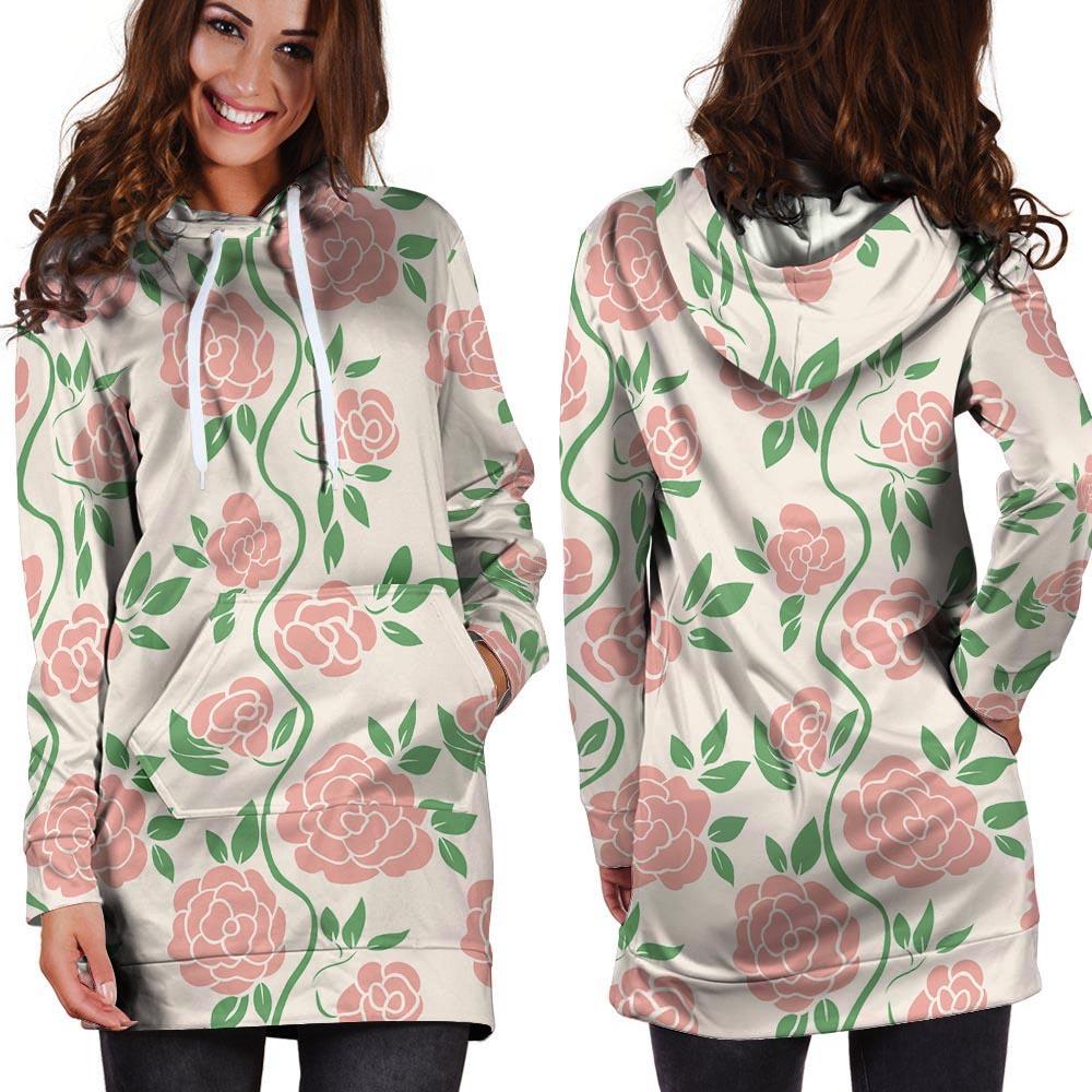 Pink Rose Flower Hoodie Dress-grizzshop