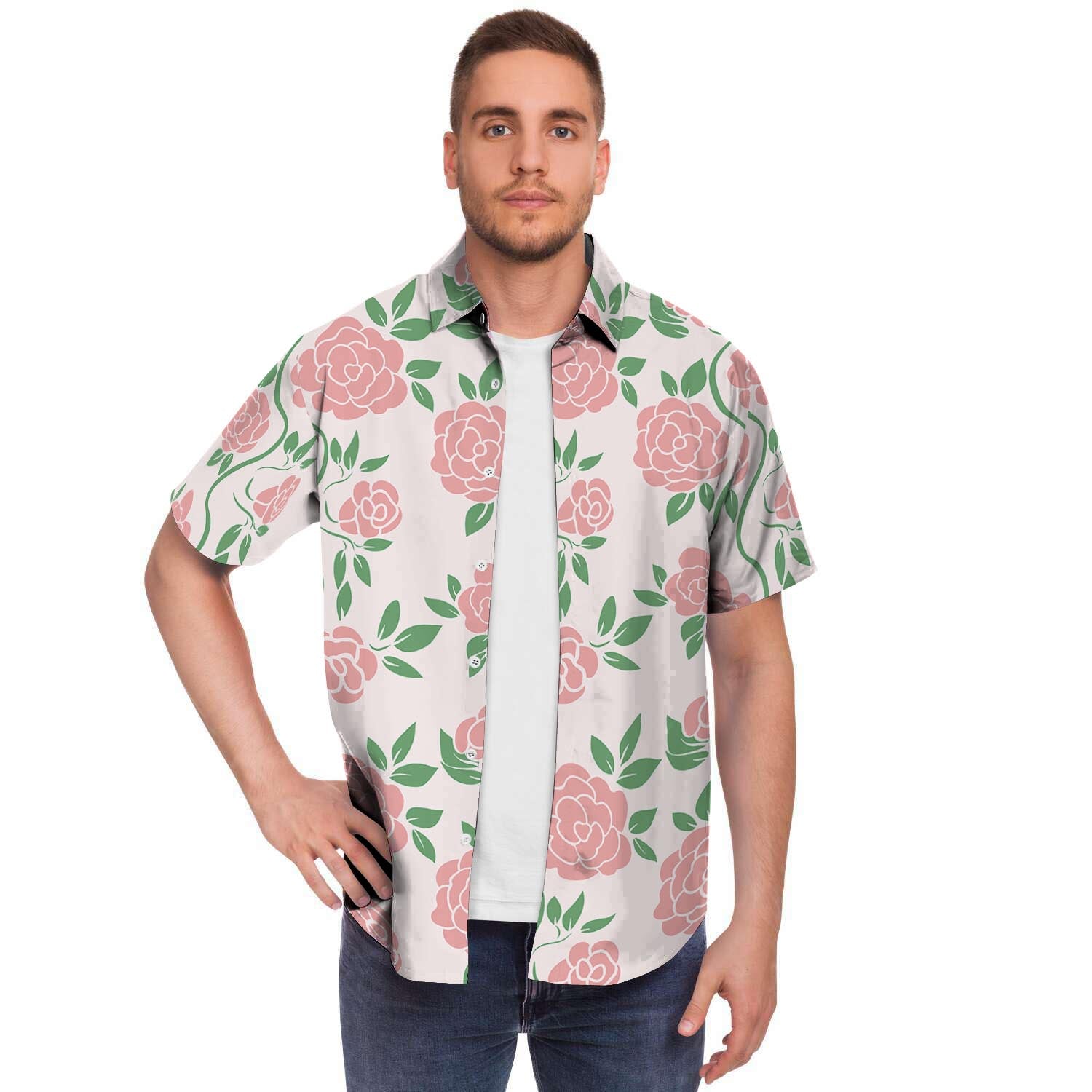 Pink Rose Flower Men's Short Sleeve Shirt-grizzshop