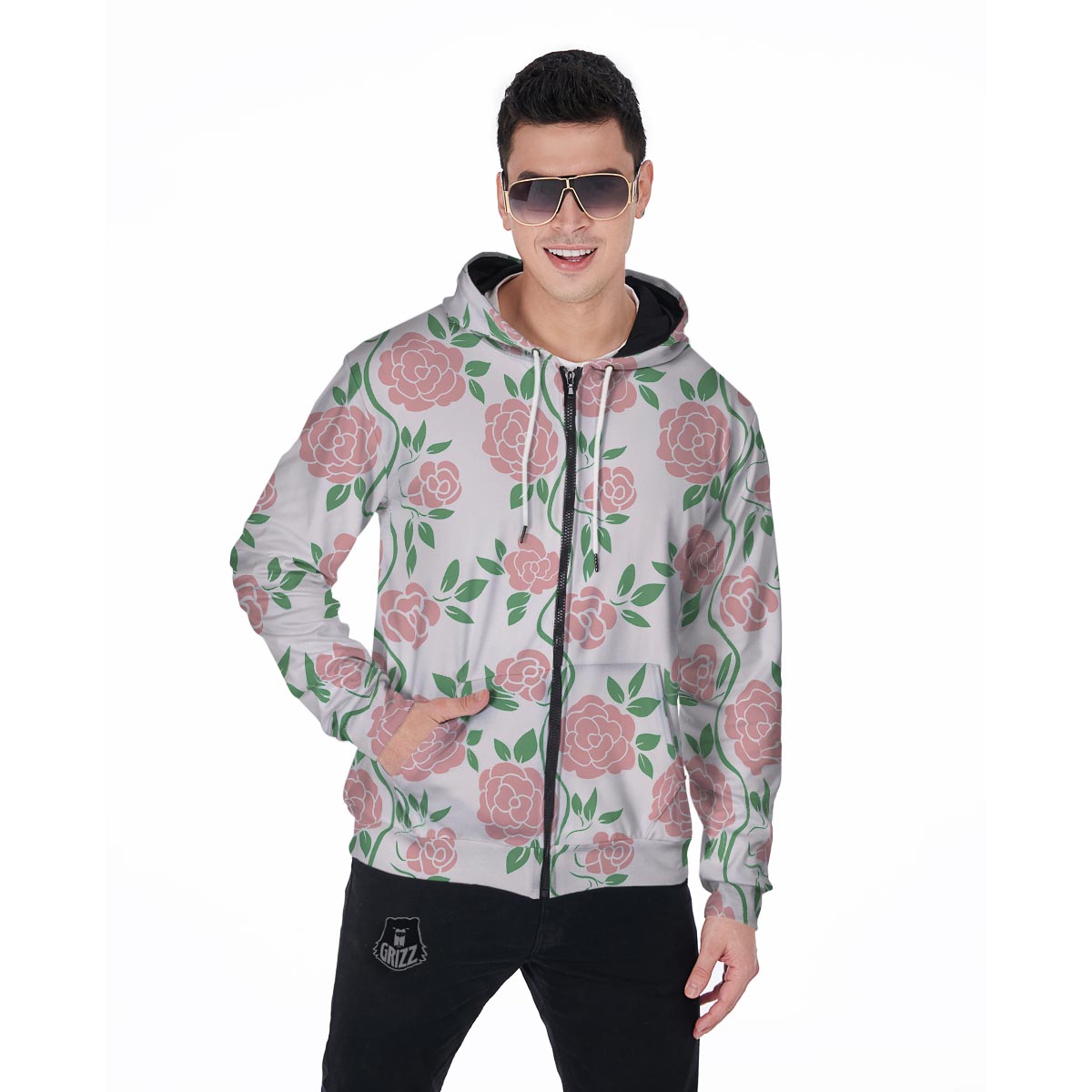 Pink Rose Flower Men's Zip Up Hoodie-grizzshop