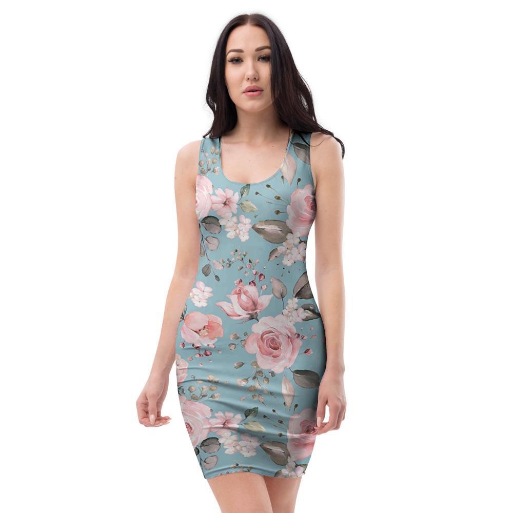 Pink Rose Flower Print Bodycon Dress-grizzshop