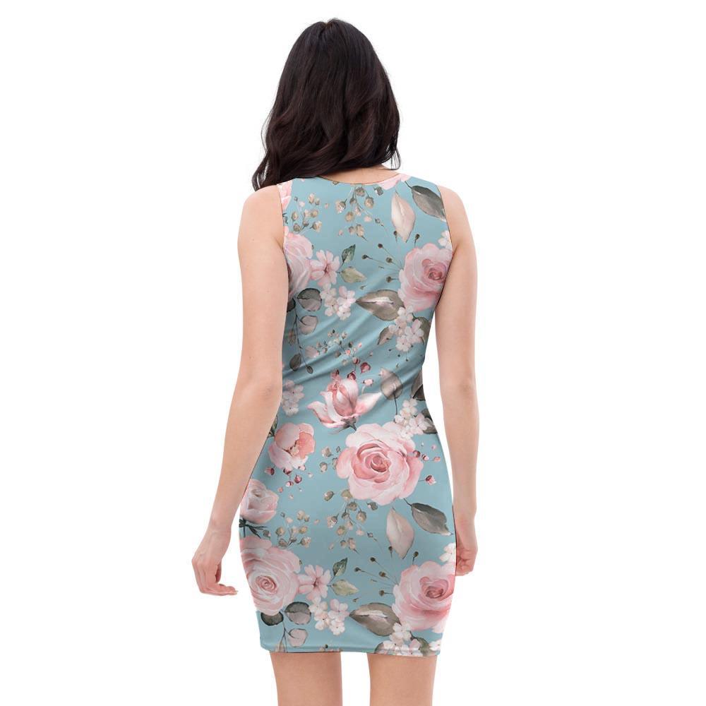 Pink Rose Flower Print Bodycon Dress-grizzshop