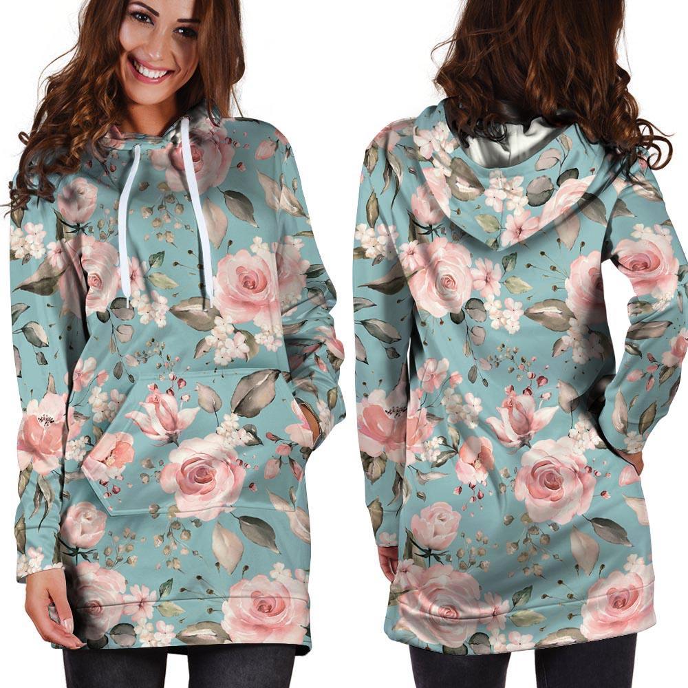 Pink Rose Flower Print Hoodie Dress-grizzshop