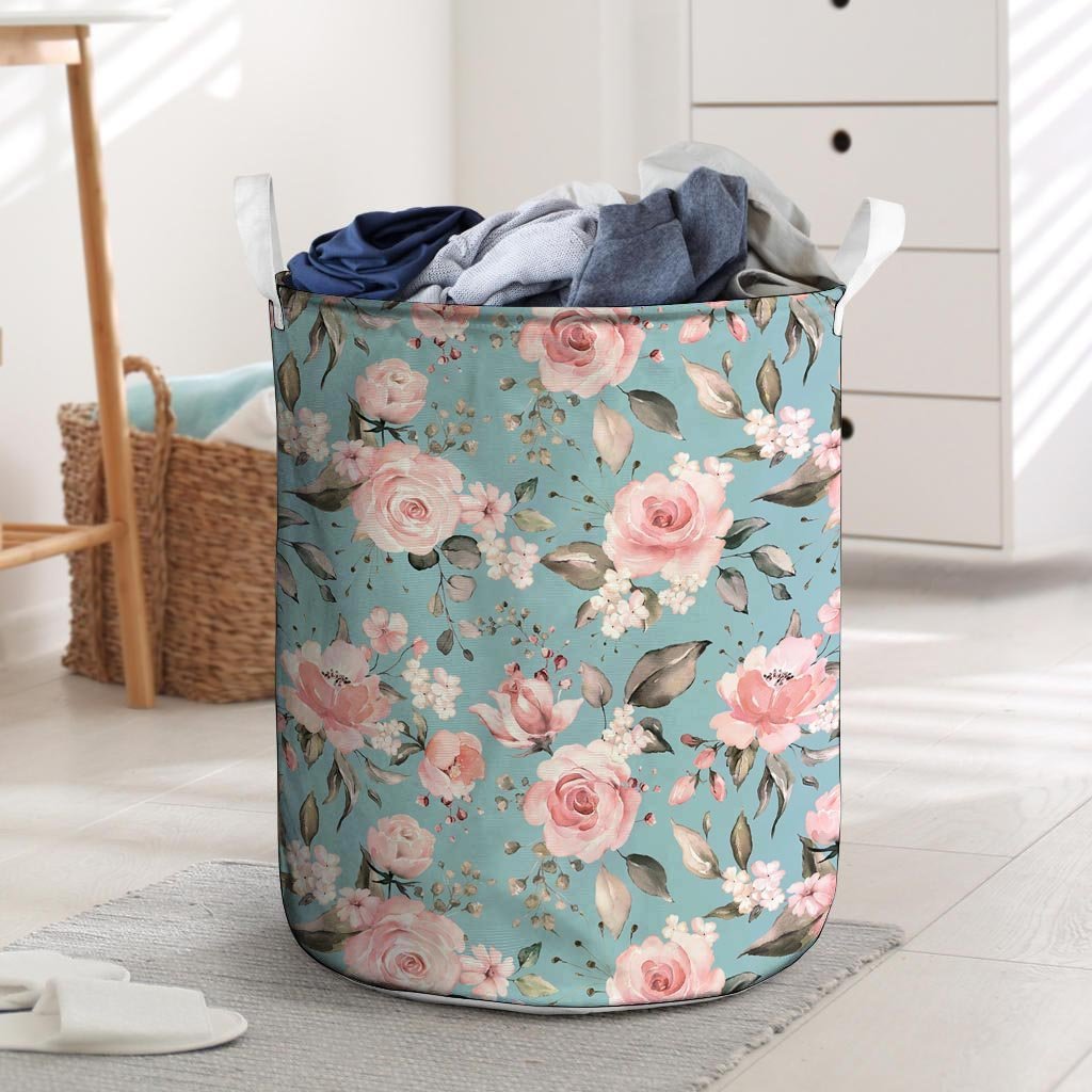 Pink Rose Flower Print Laundry Basket-grizzshop