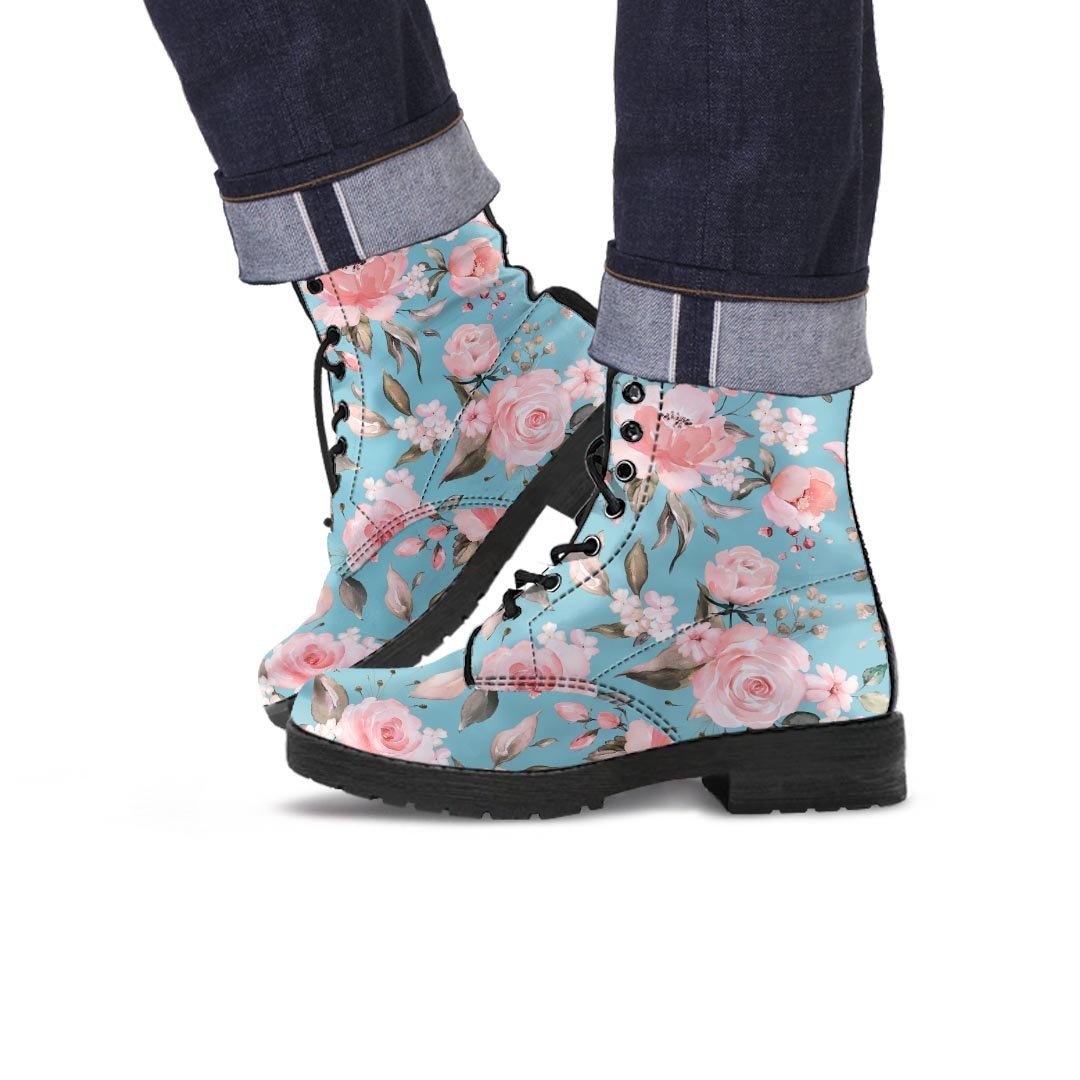 Pink Rose Flower Print Men's Boots-grizzshop