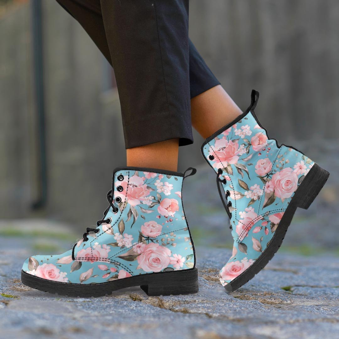 Pink Rose Flower Print Men's Boots-grizzshop