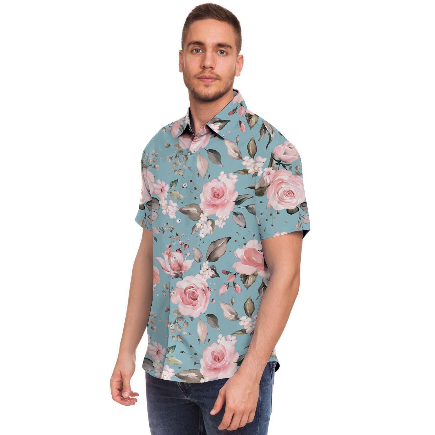 Pink Rose Flower Print Men's Short Sleeve Shirt-grizzshop