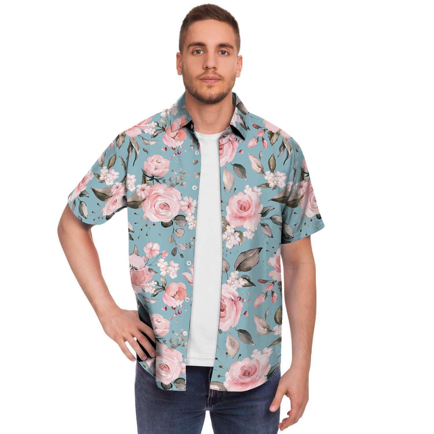 Pink Rose Flower Print Men's Short Sleeve Shirt-grizzshop