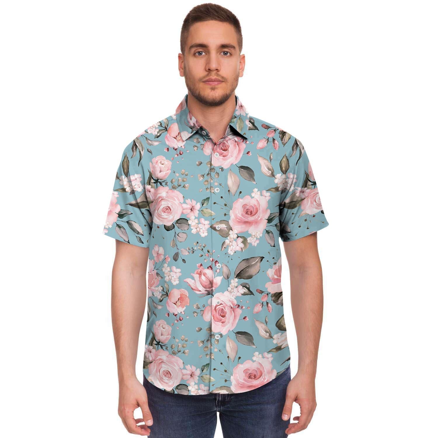 Pink Rose Flower Print Men's Short Sleeve Shirt-grizzshop