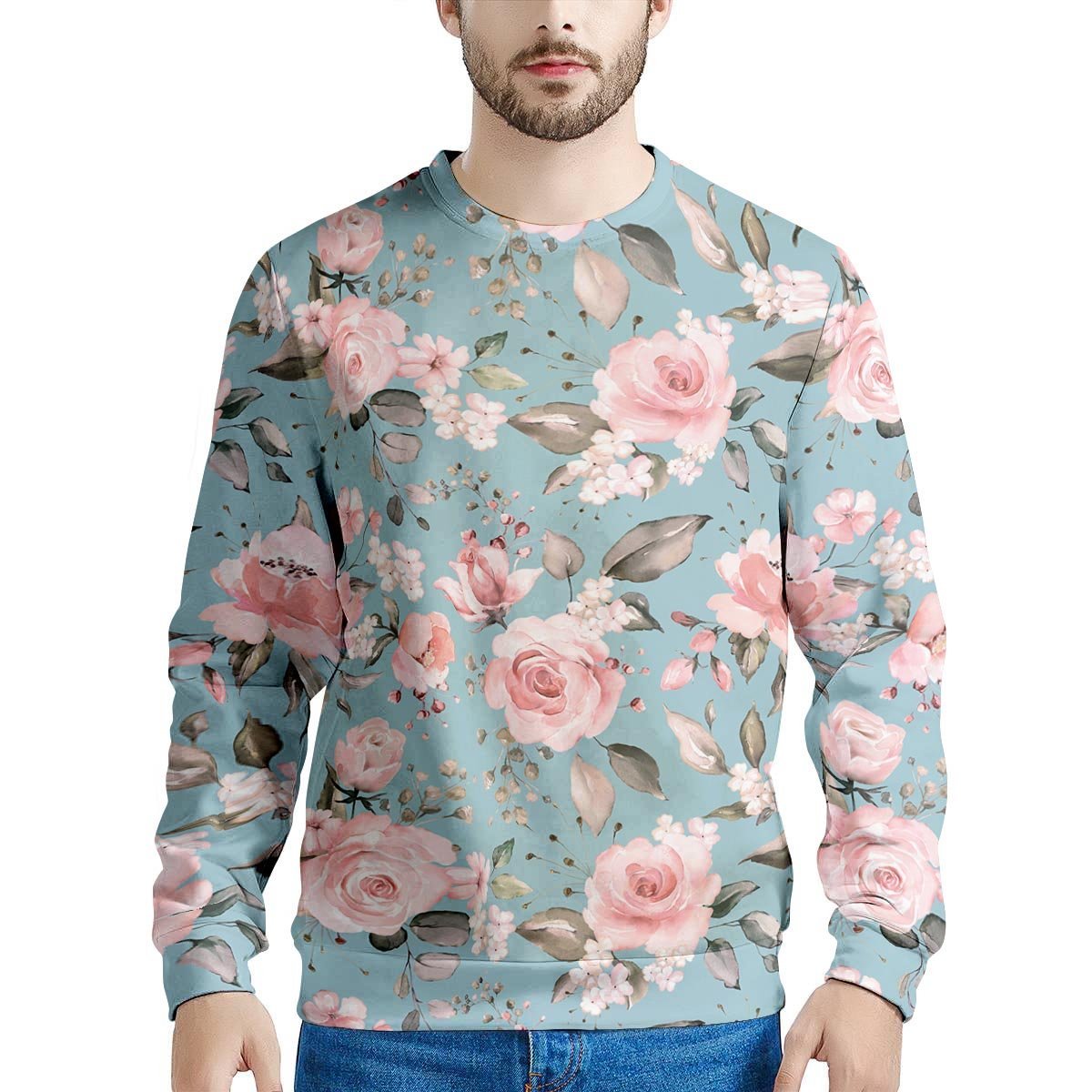 Pink Rose Flower Print Men's Sweatshirt-grizzshop