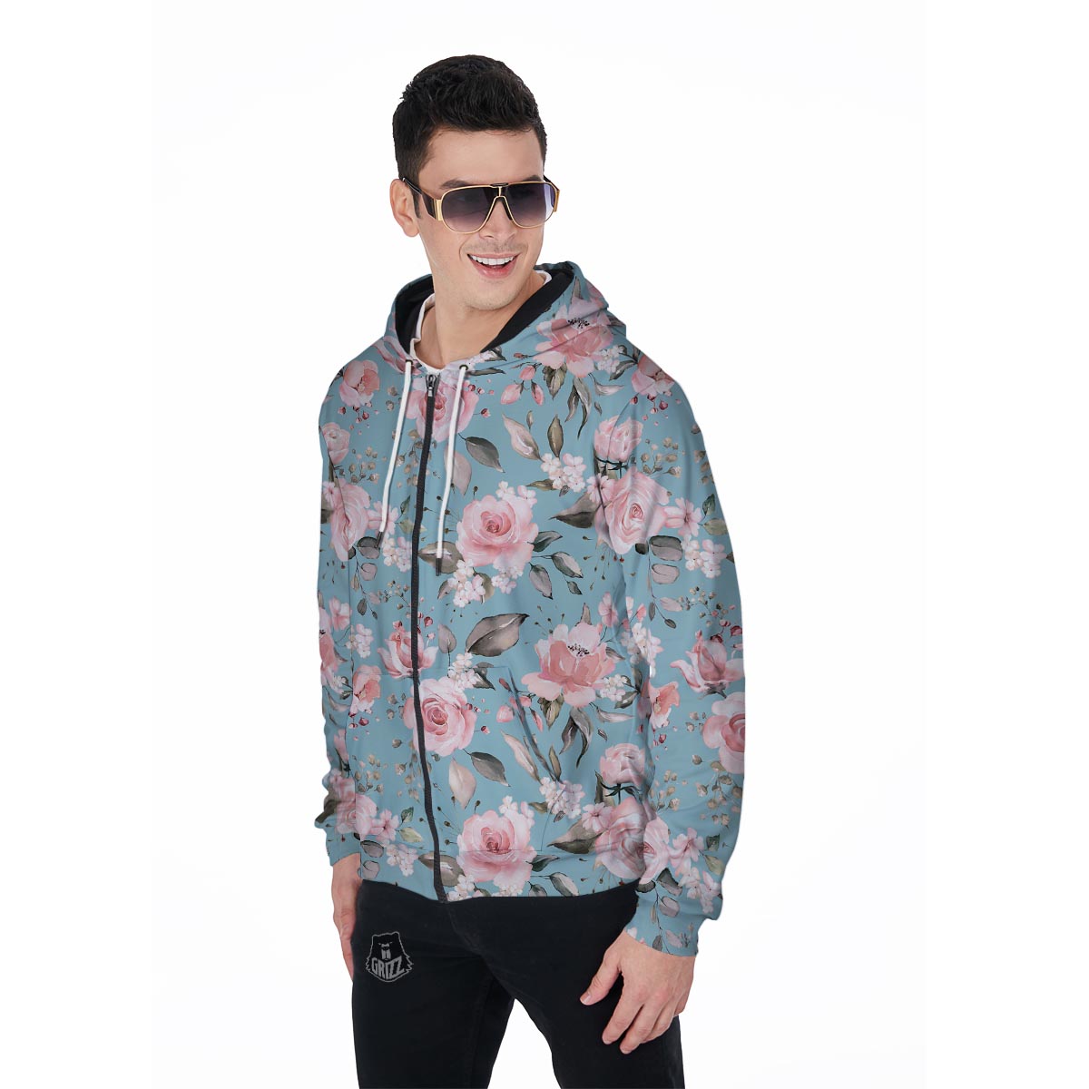 Pink Rose Flower Print Men's Zip Up Hoodie-grizzshop