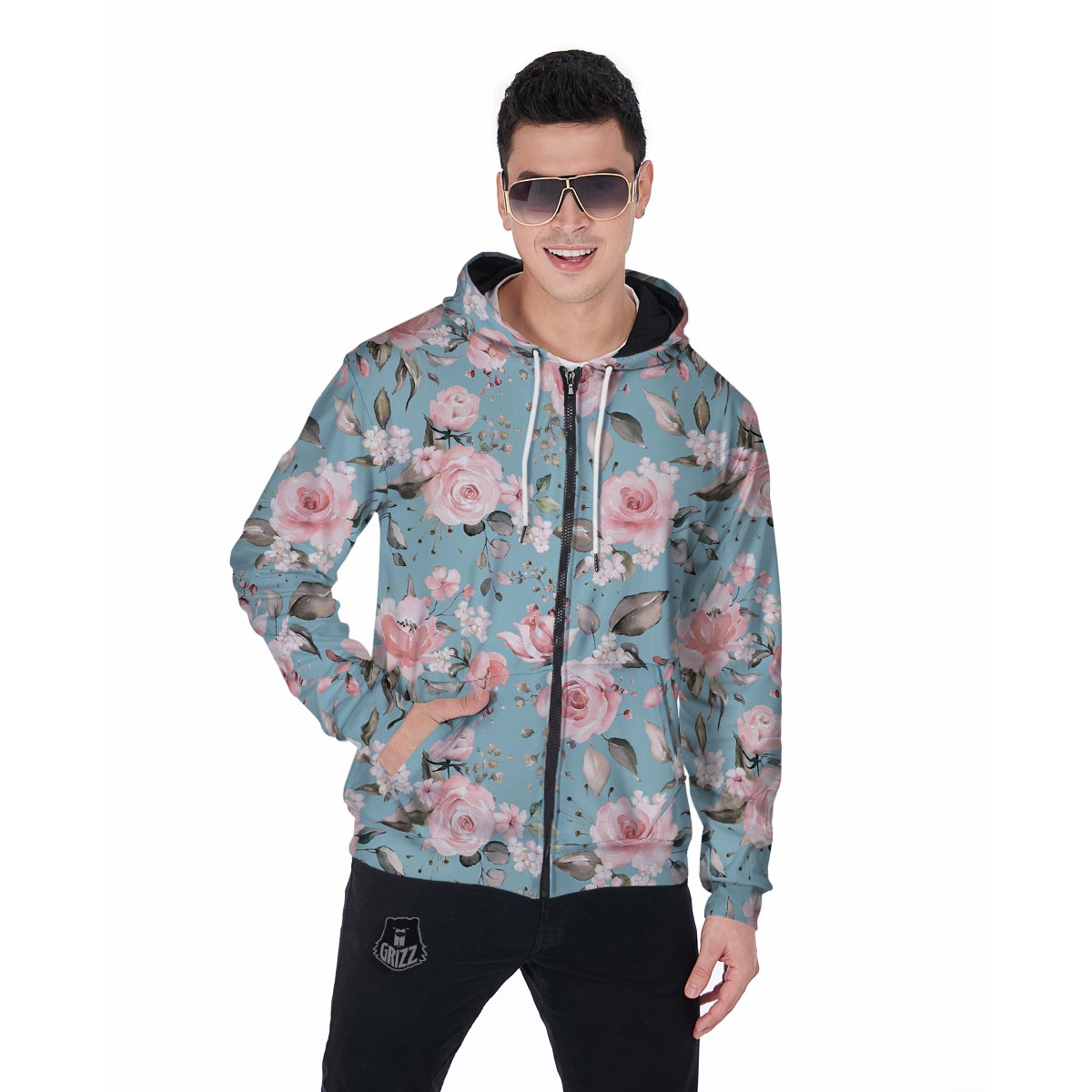 Pink Rose Flower Print Men's Zip Up Hoodie-grizzshop