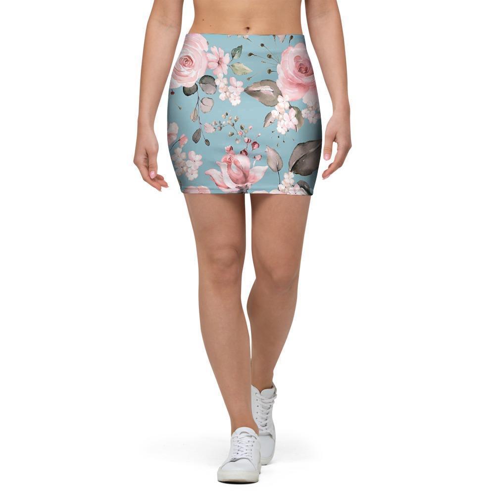 Pink Rose Flower Print Mini Skirt-grizzshop