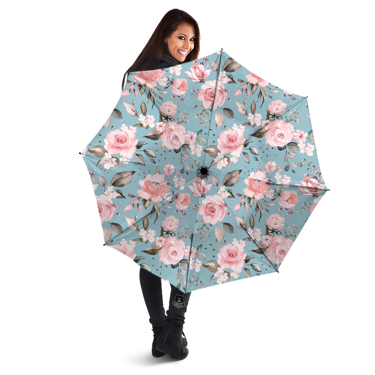 Pink Rose Flower Print Umbrella-grizzshop