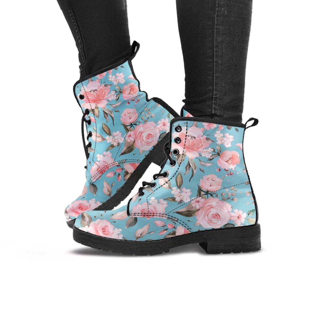 Pink Rose Flower Print Women's Boots-grizzshop