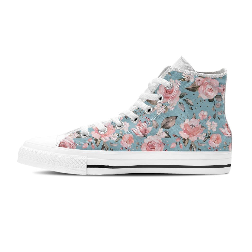 Pink Rose Flower Print Women's High Top Shoes-grizzshop